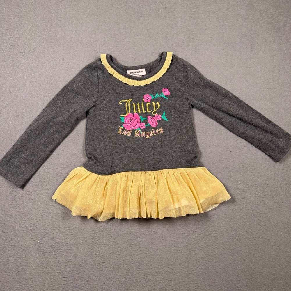 Juicy Couture Top Toddler 3T Gray Gold Los Angeles Floral Tutu Ruffle Tee